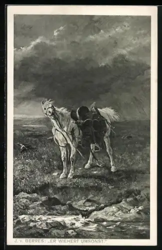 Künstler-AK J. v. Berres, Er wiehert umsonst, Kavallerie-Pferd vermisst seinen Reiter