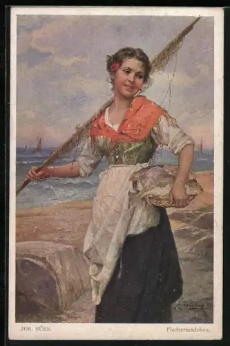 Künstler-AK Josef Süss: Fischermädchen mit Angel und Fischen