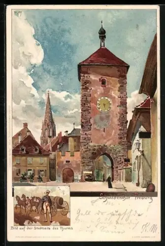 Künstler-AK Heinrich Kley: Freiburg, Schwabentor, Bild auf der Stadtseite des Turms 1905