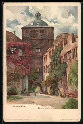 Künstler-Lithographie Karl Mutter: Heidelberg, Schlossthor