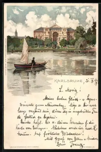 Künstler-AK K. Mutter: Karlsruhe, Blick auf das Ufer, Bootspartie