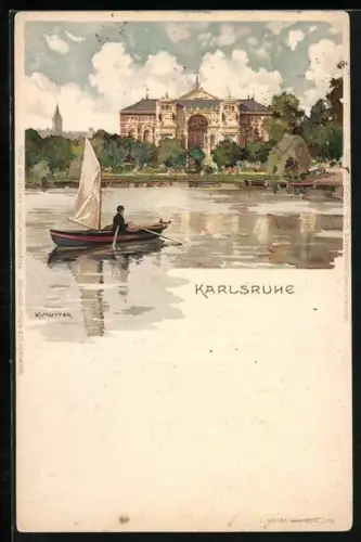 Künstler-AK K. Mutter: Karlsruhe, Blick auf das Ufer, Bootspartie