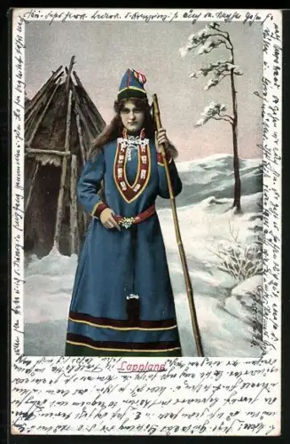 AK Lappland, Lappländerin in Tracht im Schnee
