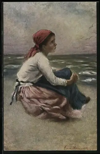 Künstler-AK sign. F. Marcusy: Mädchen sitzt sehnsuchtsvoll am Meer