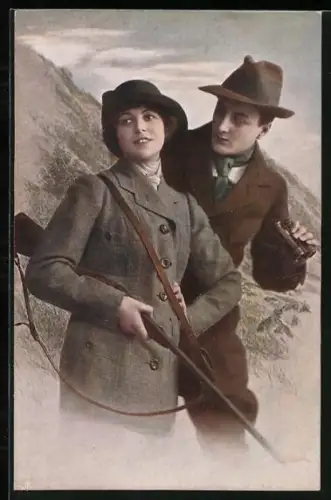 AK Jägerin und Herr mit Fernrohr