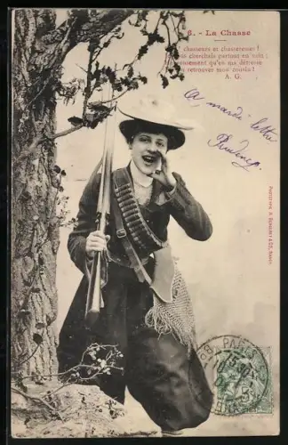 AK Frau mit Gewehr, La Chasse, Jägerin