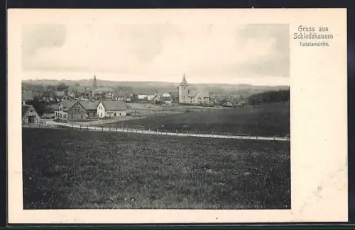 AK Schledehausen / Bissendorf, Blick auf die Kirche vom Ortsrand