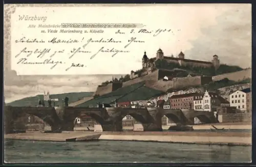 AK Würzburg, Alte Mainbrücke mit Veste Marienberg u. Kapelle