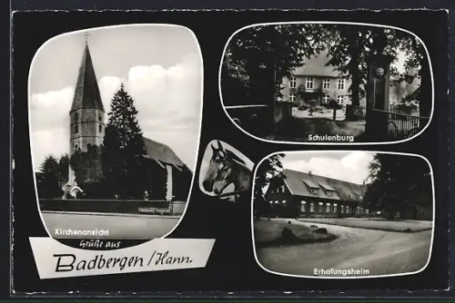AK Badbergen /Hann., Kirchenansicht, Schulenburg, Erholungsheim