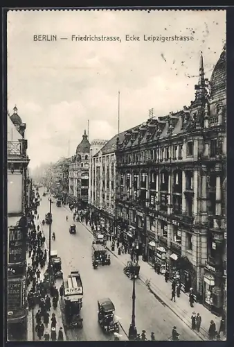 AK Berlin, Friedrichstrasse Ecke Leipzigerstrasse, Busse, Pferdefuhrwerke