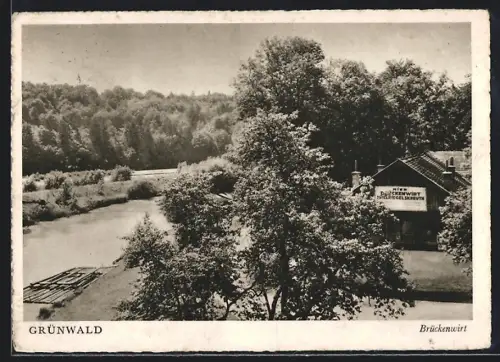 AK Grünwald / München, Flusspartie mit Gasthaus Brückenwirt