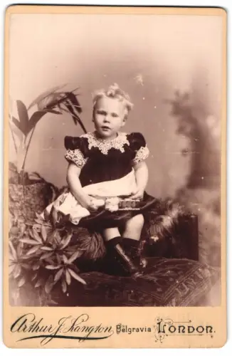 Fotografie Arthur J. Langton, London, Buckingham Palace Road 35, Porträt eines Kindes mit Pflanzenarrangement