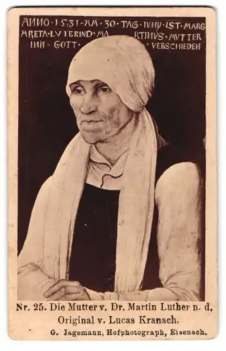 2 Fotografien G. Jagemann, Eisenach, Portrait Eltern von Dr. Martin Luther, nach Gemälde von Lucas Kranach