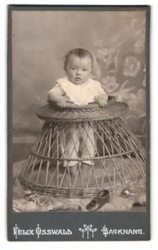 Fotografie Felix Osswald, Backnang, Porträt eines Kleinkinds im Korb zum Laufen lernen