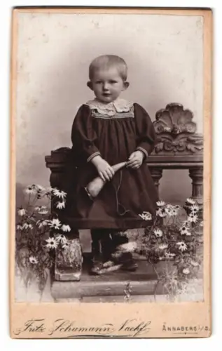 Fotografie Fritz Schumann Nachf., Annaberg i/S, Johannisgasse 5, Kind mit Spielzeug Blashorn