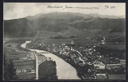 AK Frohnleiten, Ortsansicht mit Brücke aus der Vogelschau