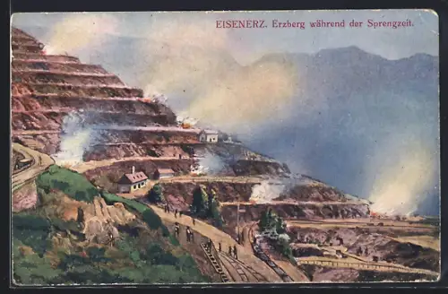 Künstler-AK Eisenerz, Sprengungen am Erzberg