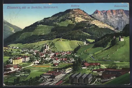 AK Eisenerz /Steiermark, Ortsansicht mit Erzberg und Reichenstein