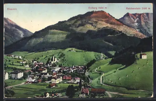 AK Eisenerz, Blick auf den Ort mit Erzberg und Reichenstein