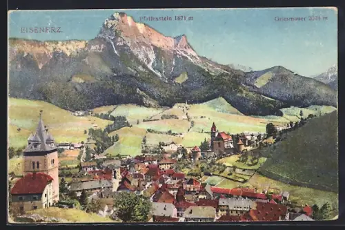 AK Eisenerz, Ortsansicht mit Kirche, gegen Pfaffenstein und Griesmauer