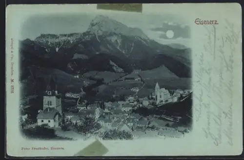 Mondschein-AK Eisenerz, Ortsansicht aus der Vogelschau