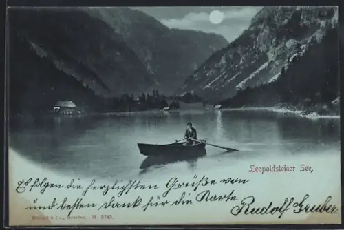 Mondschein-AK Leopoldsteiner See, Blick über den See gegen die Berge