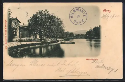 AK Graz, Hilmteich-Partie mit Gasthaus u. Booten