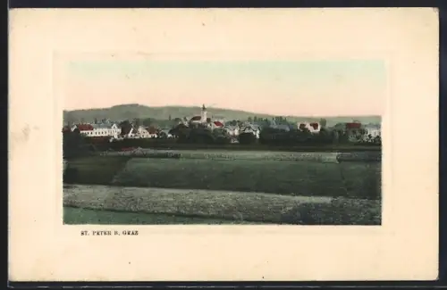 AK St. Peter bei Graz, Ortspanorama mit Feldern