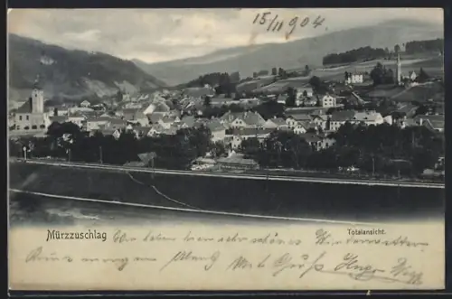 AK Mürzzuschlag, Totalansicht mit Bergpanorama aus der Vogelschau