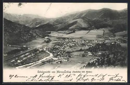 AK Mürzzuschlag, Totalansicht mit Umgebung aus der Vogelschau
