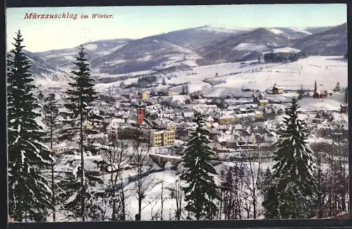 AK Mürzzuschlag, Ortsansicht im Winter aus der Vogelschau