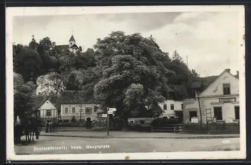 AK Deutschfeistritz /Stmk., Hauptplatz mit Gasthaus, Bürgermeisteramt, Kriegerdenkmal