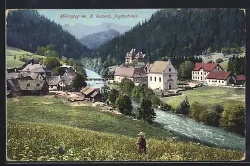 AK Mürzsteg, Teilansicht mit dem kaiserlichen Jagdschloss