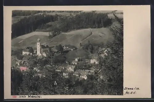 AK Stanz i. M., Ortsansicht mit Kirche aus der Vogelschau