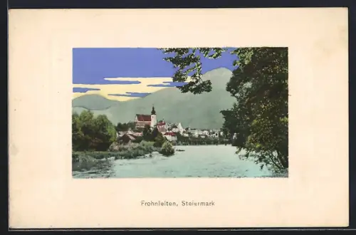 Passepartout-AK Frohnleiten, Gesamtansicht mit Flusspartie und Kirche