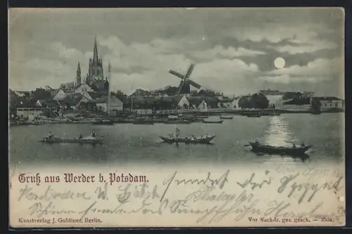 AK Werder / Havel, Kirche, Windmühle, Boote auf der Havel