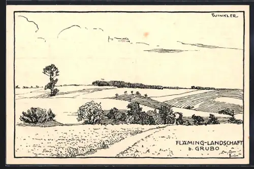Künstler-AK sign. P. Winkler: Grubo, Fläming-Landschaft, Felder, Hügel, Bäume