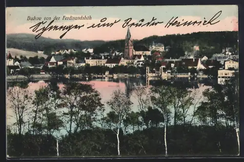 AK Buckow / Mark, Ansicht von der Ferdinandshöhe, Kirche, Stadtansicht, See