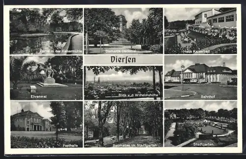 AK Viersen, Partie in der Kaisermühle, Bismarck-Denkmal, Haus Kaiserbad, Bahnhof