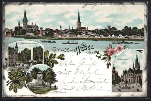 Lithographie Wesel / Rhein, Kaiserplatz m. Kaiserhof, Grosser Markt, Totalansicht