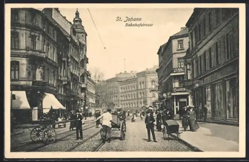 AK St. Johann / Saar, Bahnhofstrasse mit Karren u. Turmgebäude