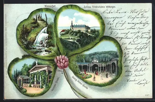 Passepartout-Lithographie Kassel, Georg-Victor-Quelle, Helenen-Quelle, Schloss Friedrichstein Wildungen, Kleeblatt