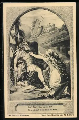 Künstler-AK Der Ring des Nibelungen, Krieger in Rüstung wird von der Tochter angefleht