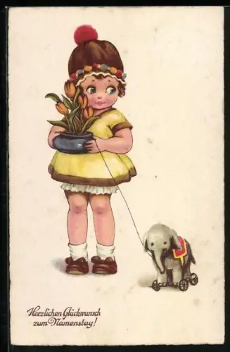 AK Kleines Mädchen mit Tulpen und Nachziehelefant