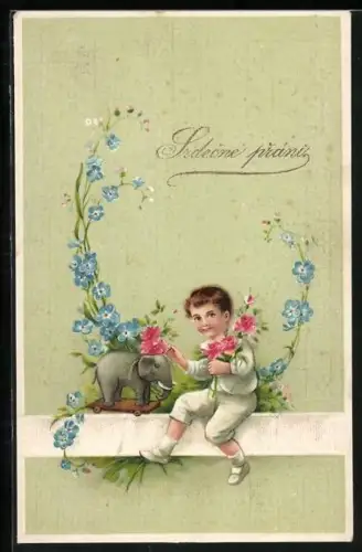 Präge-AK Knabe mit Rosenblüten und Spielzeugelefant
