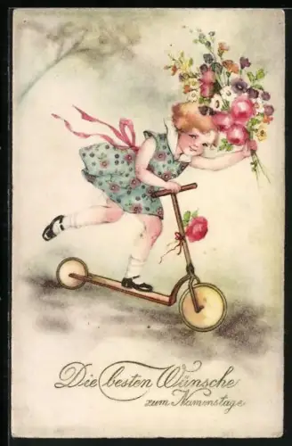 Künstler-AK Mädchen mit Blumenstrauss auf Roller