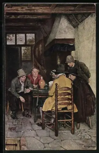 Künstler-AK Männer am Tisch beim Kartenspiel