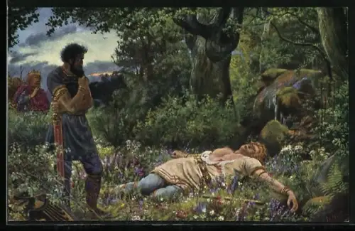 Künstler-AK Heinrich Hoffmann: Als Hagen von Tronje Siegfried mit dem Speer durchstochen hatte...