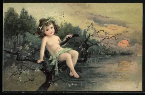 AK Valentinstag, Kleine Fee sitzt am Flussufer