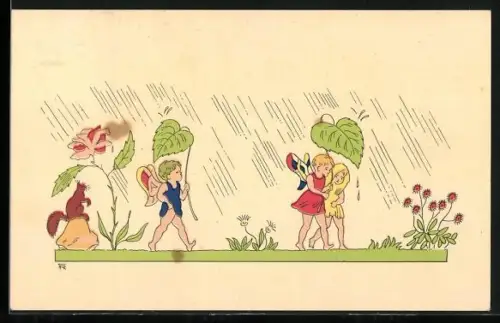 Künstler-AK Geflügelte Kinder schützen sich mit Blättern vor dem Regen